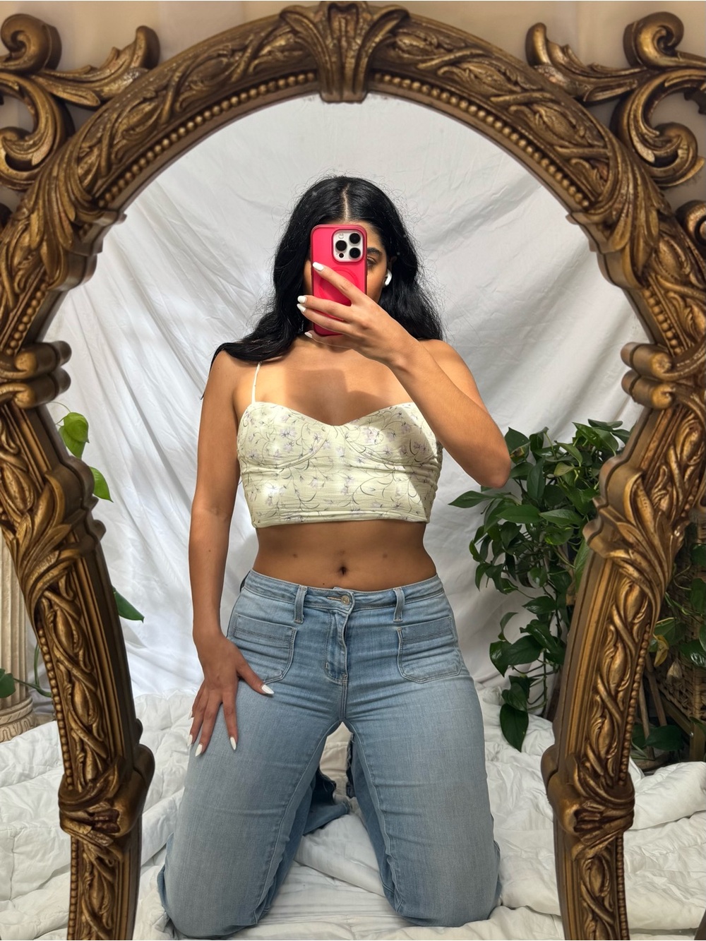 Cream Floral Cropped Cami with Spaghetti Straps